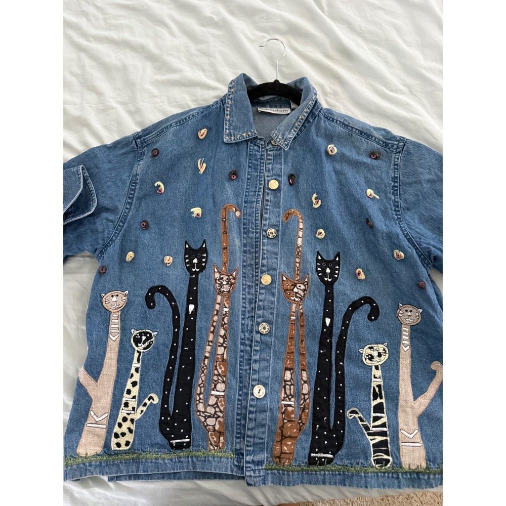 Vintage Dressbarn Cat Appliqué Denim Shirt Jacket 1X Whimsical Cat Lady - Picture 2 of 7